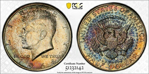 1964 年モンスター レインボー トーン ハーフ ドル PCGS MS66 ゴールド シールド。 146,850円