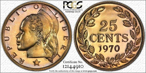 素晴らしい宝石 リベリア 25セント 1970年 PCGS PR66 美しい色調 非常に少ない発行枚数 25セント