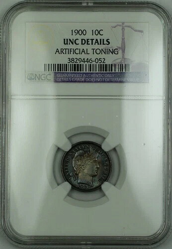 1900年 バーバー シルバーダイム 10セント NGC UNC 詳細 人工調色 (チョイスコイン) RF