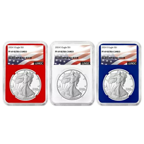 2024-S プルーフ $1 アメリカン シルバー イーグル 3 個セット NGC PF69UC 旗ラベル 赤 白...