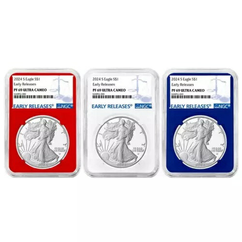 2024-S プルーフ $1 アメリカン シルバー イーグル 3 枚セット NGC PF69UC ER ブルー ラベル レッド ホワイト...