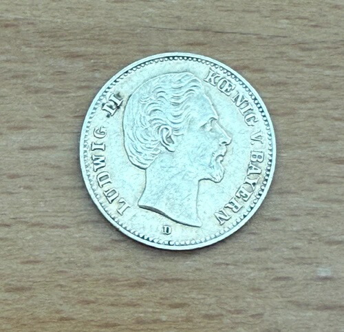ドイツ バイエルン 1877 D 金貨 5マルク 流通 ルートヴィヒ2世