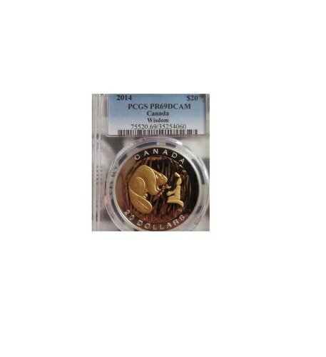 カナダ 2014年 20ドル PCGS PR69DCAM ウィズダム金メッキ .9999 銀貨