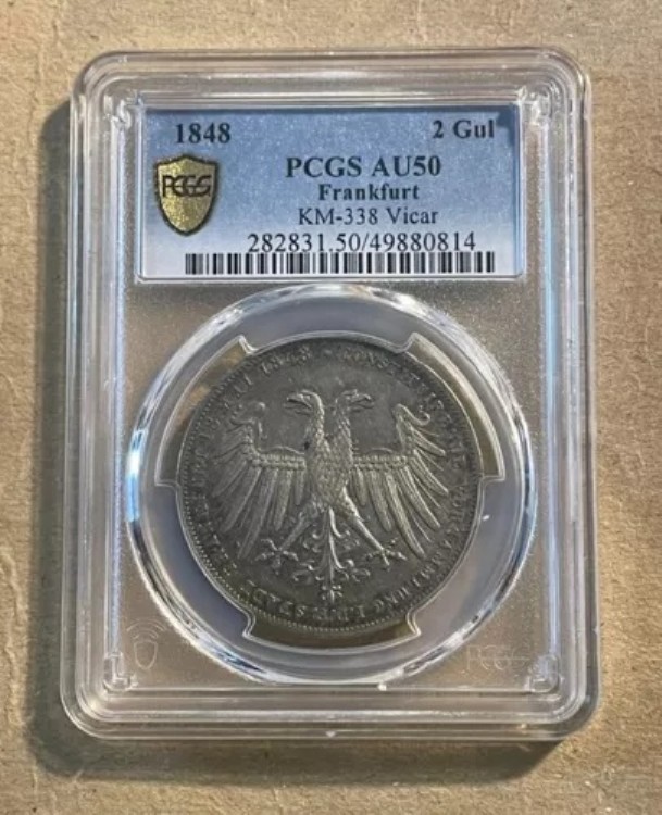 フランクフルト（ドイツ） - 1848年 銀貨 2グルデン（PCGS AU 50）