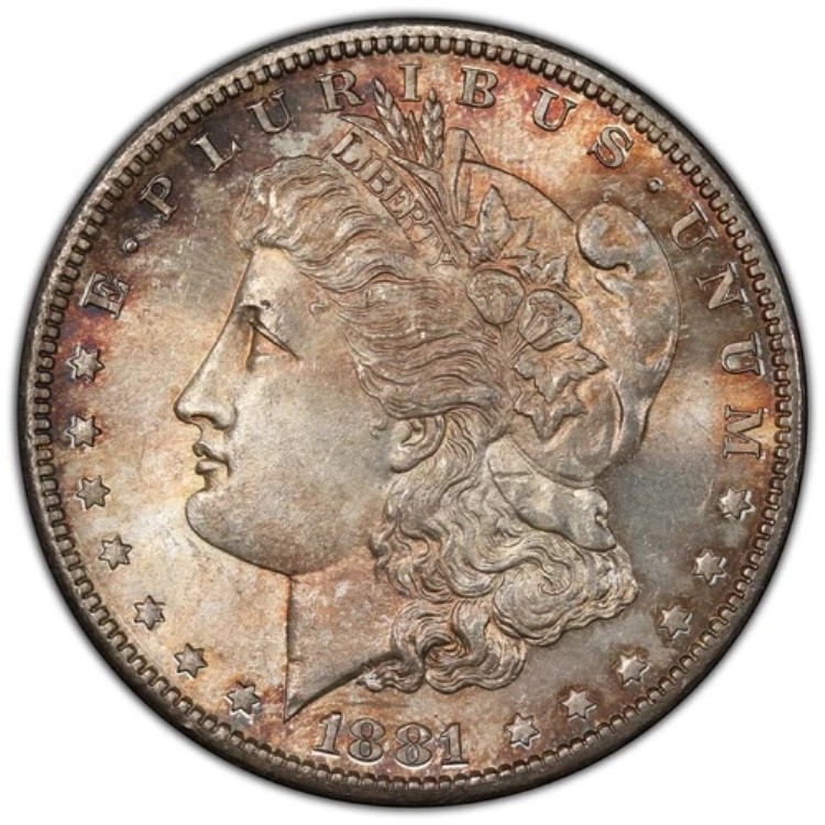 1881-S 1ドル モルガン・ダラー PCGS MS65 光沢のある宝石、金の縁取り、赤色のトーン