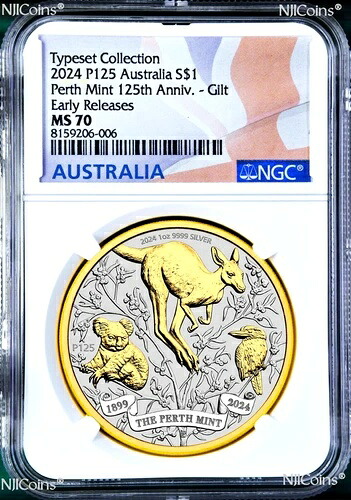 2024年 パース造幣局 125周年記念 1オンス 1ドル金銀 NGC MS70 コイン 発行枚数2500枚