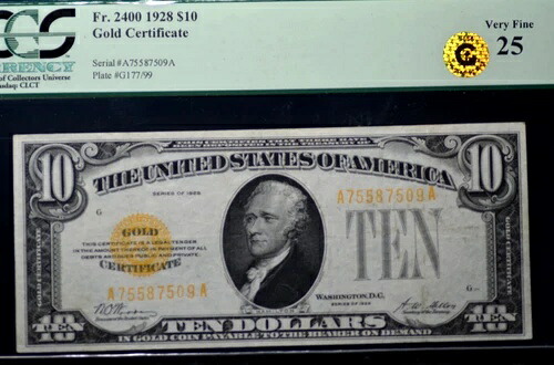1928年 10ドル金貨証明書 Fr#2400 PCGS 非常に良好 25 明るく、大胆で、シャープなエッジ