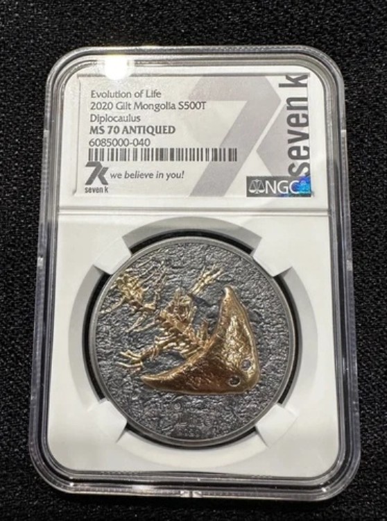 生命の進化 - ディプロカウルス 1オンス 銀貨 2020年 金箔 モンゴル 500タグ
