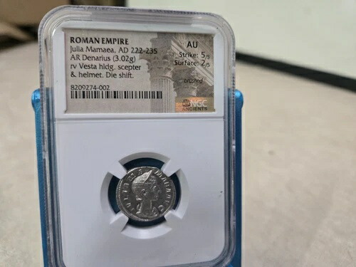 ローマ帝国コイン ジュリア ママエア AD 222-235 AR デナリウス rv ベスタ NGC AU