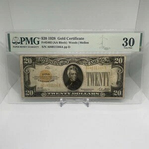 20ドル 1928年 ゴールド証明書 Fr# 2402 (AA) PMG 30 S/N A04811104A