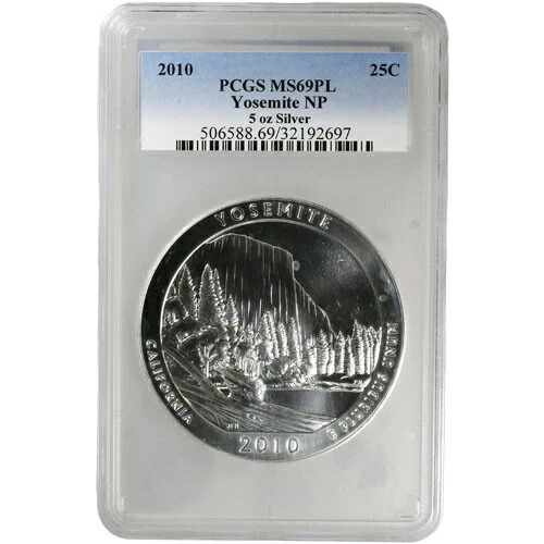 2010年 5オンス ATB ヨセミテ銀貨 MS69 (ラベル違い、PCGS または NGC)