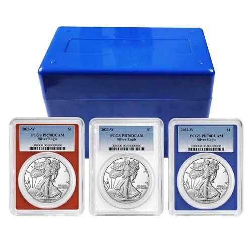 2023-W プルーフ $1 アメリカン シルバー イーグル 3 枚セット PCGS PR70DCAM ブルー ラベル レッド ホワイト...