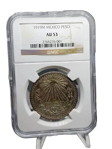メキシコ - ウン・ペソ - 1919年 - キーデート銀貨！NGC AU 53 ダークトーン オリジナル