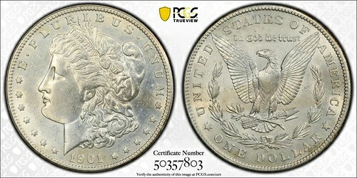 1901-S モーガン・ダラー 1ドル 銀貨 PCGS AU 詳細クリーニング済み 未流通 トゥルービュー D264