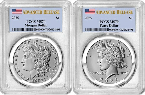 2025-P (MS70) モーガン＆ピース シルバーダラー (2枚セット) アドバンスリリース AR PCGS
