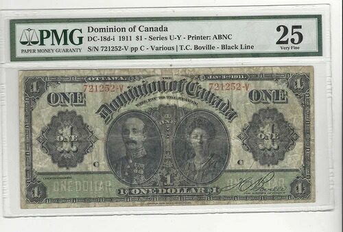 1911年 カナダ自治領 DC-18d-i $1 Ser U-Y 721252-V ブラックライン PMG VF-25