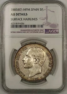 1885(87) MPM スペイン 5ペセタ銀貨 NGC AU 詳細 表面ヘアライン