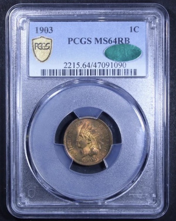 1903年インディアンヘッドセント - 1セント PCGS MS64 RB CAC ? - PCGSゴールドシールド