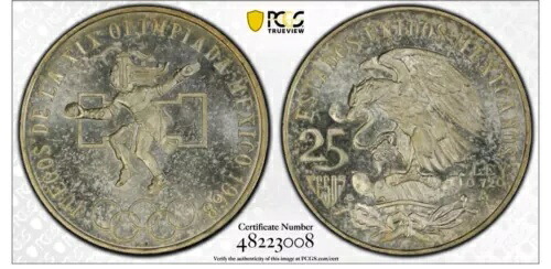 1968年 メキシコシティ夏季オリンピック記念 25ペソ タイプ1 PCGS MS68 ゴールドシールド