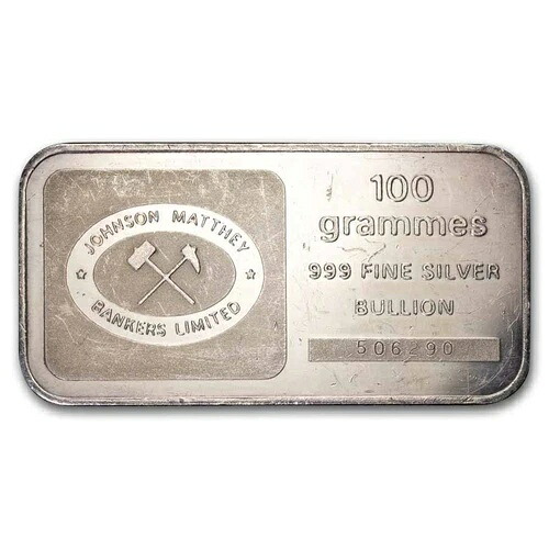 100グラム シルバーバー - ジョンソン・マッセイ(バンカーズ・リミテッド、刻印入り)|WORLD RESOURCE【KING店】