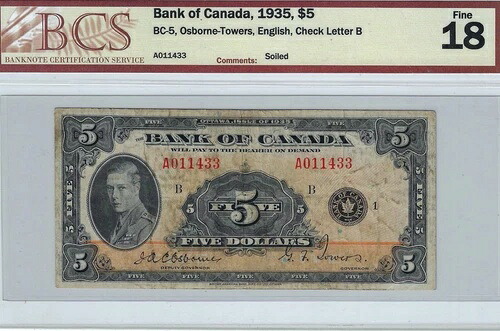 1935 BOC BC-5、$5 SN# A011433、BCS Fine 18 English; コメント
