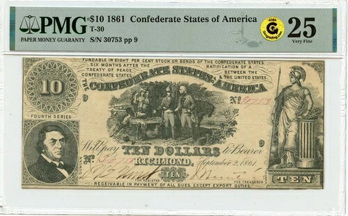 1861年 10ドル アメリカ連合国 PMG VF25 T-30 GCC ゴールド
