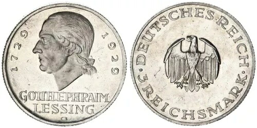 ワイマール 3 ライヒスマルク 1929 G レッシング J.335 EA シュピーゲルンデン表面付き 124972｜WORLD RESOURCE【KING店】