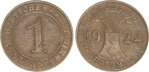 1 Pfennig 1924 不足貨幣: Super ?berpr?gung Rs.auf vs.ルピーで非常にまれに｜WORLD RESOURCE【KING店】