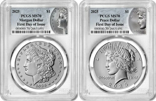 2025年 (MS70) モーガン＆ピース シルバードル (2枚) 発行初日 FDOI PCGS