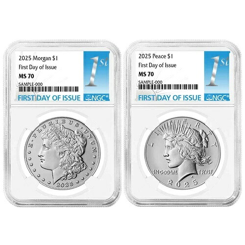 先行販売 - 2 個セット - 2025 年 $1 モーガン & ピース シルバー ダラー NGC MS70 FDI ファースト...