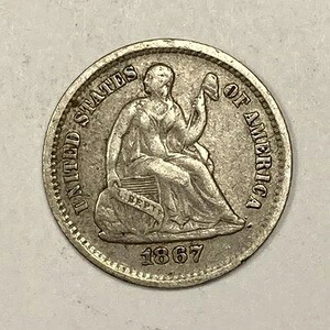 1867-S 着席自由の女神像ハーフダイム。0.05ドル。希少な極上品。