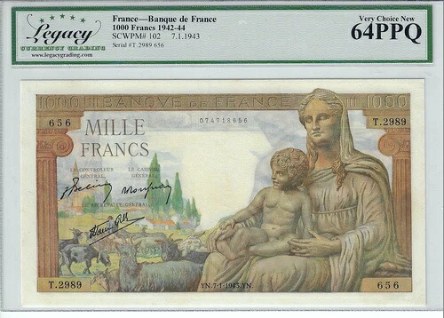 1942年 - 44年 フランス 1000フラン SCWPM# 102 SN# T. 2989 565 LEGACY 64PPQ｜WORLD RESOURCE【KING店】