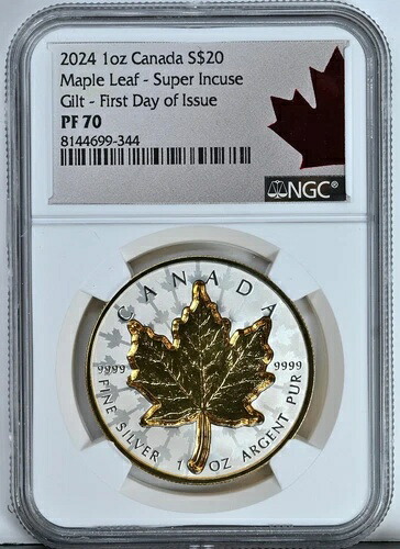 2024 シルバー 1オンス NGC スーパーインキューズ ギルト プルーフ 70 カナダ メープルリーフ 初日 WOW!｜WORLD RESOURCE【KING店】