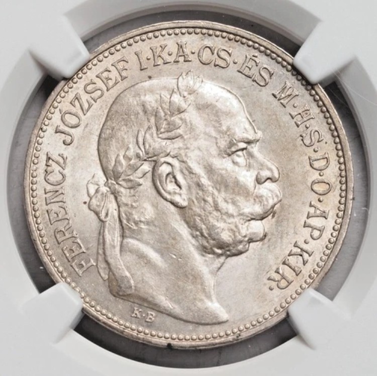 MS63】1907年 フランツヨーゼフ1世戴冠40年記念 5コロナ銀貨 NGC MS63】
