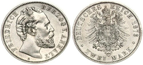 エンパイア2マルク1876年Aアンハルトフリードリヒ1世ほぼ未使用117219 276,705円