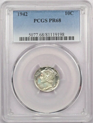1942年 プルーフ マーキュリーダイム 10セント、PCGS PR68、ジェムコンディション、軽い変色｜WORLD RESOURCE【KING店】