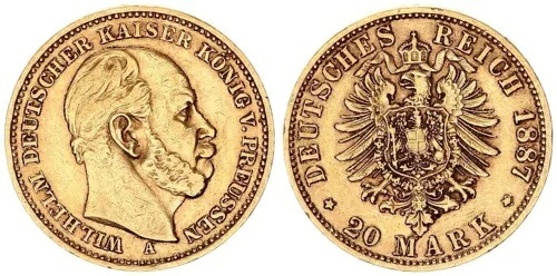プロイセン 20 マーク 1887 A ヴィルヘルム I.ゴールド Vf-Xf 125045|WORLD RESOURCE【KING店】