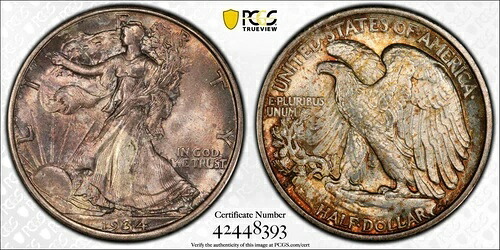 1934年 D ウォーキング リバティ ハーフ ダラー PCGS MS 65 美しいライラック＆アンバー ジェム セミキー｜WORLD RESOURCE【KING店】