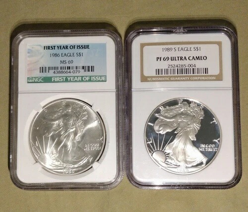 1986年アメリカンイーグルNGC MS 69 初年度発行 & 1989年S NGC PF 69 ウルトラカメオ