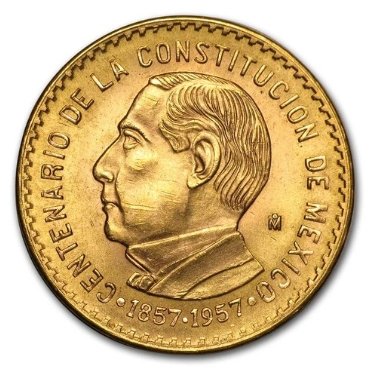 1957年メキシコ金メダル10ペソ憲法100周年記念BU
