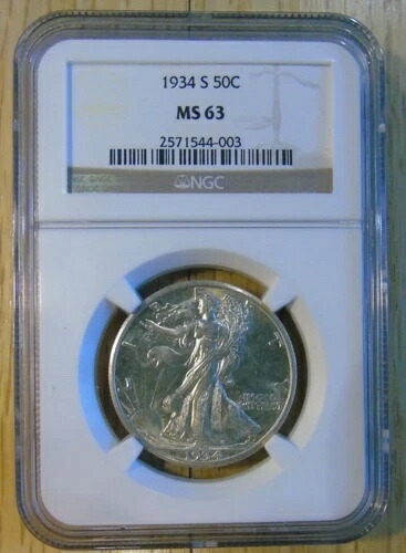 1934-S 1934S 1934 S ウォーキング・リバティ 90% シルバー ハーフダラー 50セント NGC MS63
