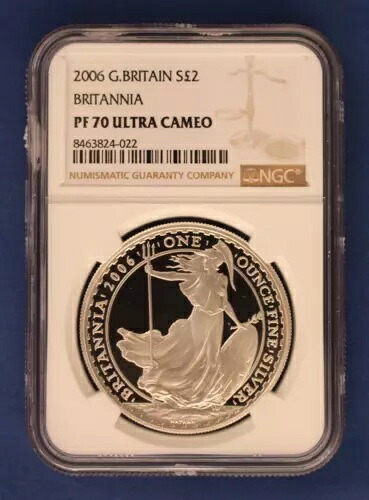 2006年 ロイヤルミント 1オンス シルバー プルーフ ブリタニア 2ポンド コイン NGC グレード PF70 ケース/COA付き