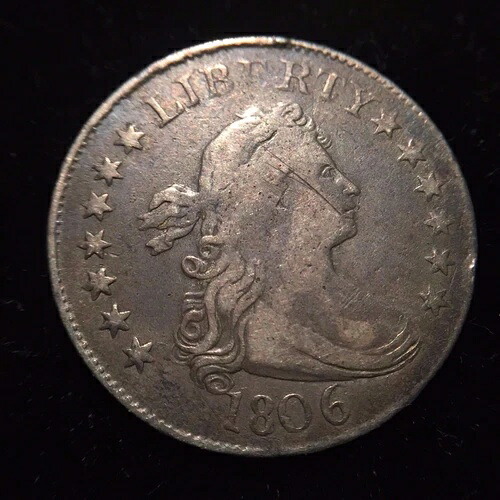 1806年 ドレープバストクォーター F/VF 非常に美しいリバティ 25セントドル銀貨 流れるような髪