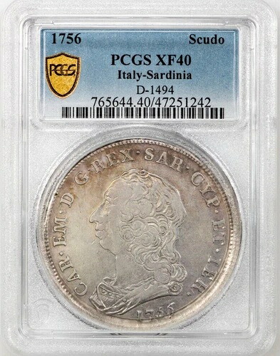 イタリア諸州 - サルデーニャ 1756 1 スクード、カルロ エマヌエーレ 3 世 - PCGS XF40