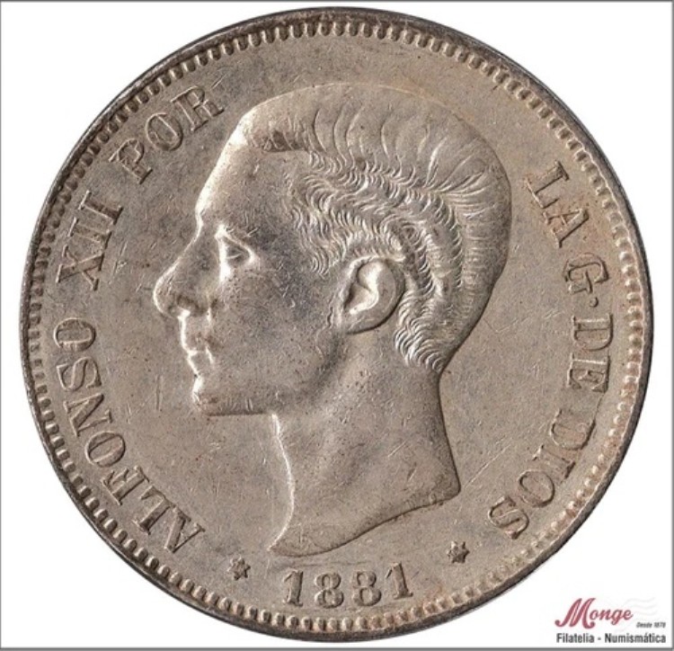 スペイン 5 ペセタ 1881 (*18*81) MSM - 25 Gr.シルバー MBC+ / VF+ アルフォンソ｜WORLD RESOURCE【KING店】