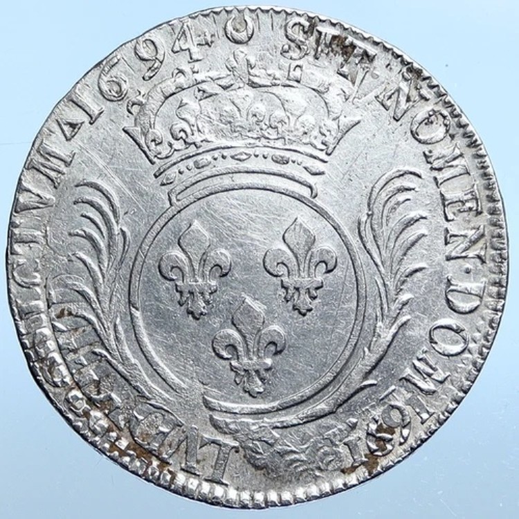 1694年 フランス国王 ルイ14世 フルール・ド・リス オールドシルバー フランス1 Ecuコイン i114967