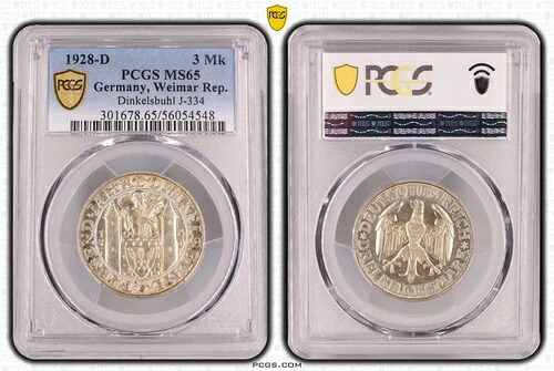 コイン シルバー 3 ライヒスマルク 1928 D ディンケルスビュール PCGS MS65 保存状態良好 nswleipzig