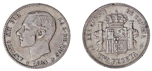 銀ペセタ1枚 / 銀貨。アルフォンソ12世。マドリード 1884年*18-83年。VF。希少