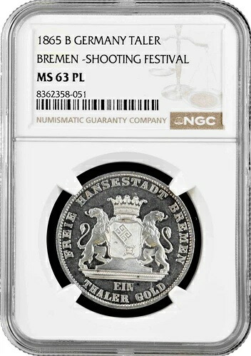 ブレーメン 1ターラー 1865年 NGC MS63 PL、「第2回ドイツ射撃祭」銀貨｜WORLD RESOURCE【KING店】