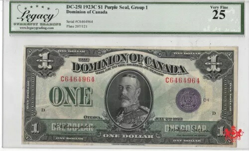1923年 カナダ自治領 1ドル パープルシール C6464964 - レガシー VF25 - DC-25L-
